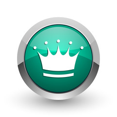 Poster - Crown silver metallic chrome web design green round internet icon with shadow on white background.