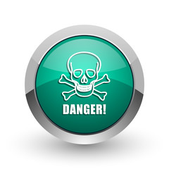 Fototapete - Danger skull silver metallic chrome web design green round internet icon with shadow on white background.
