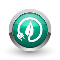 Aufkleber - Eco electric plug silver metallic chrome web design green round internet icon with shadow on white background.