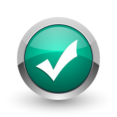 Aufkleber - Accept silver metallic chrome web design green round internet icon with shadow on white background.