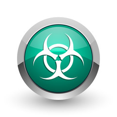 Poster - Biohazard silver metallic chrome web design green round internet icon with shadow on white background.