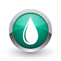 Aufkleber - Water drop silver metallic chrome web design green round internet icon with shadow on white background.