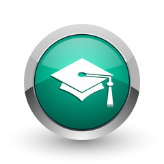 Aufkleber - Education silver metallic chrome web design green round internet icon with shadow on white background.