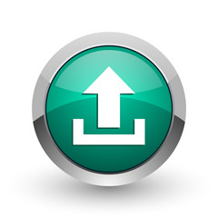 Leinwandbilder - Upload silver metallic chrome web design green round internet icon with shadow on white background.
