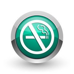 Poster - No smoking silver metallic chrome web design green round internet icon with shadow on white background.