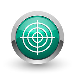 Leinwandbilder - Target silver metallic chrome web design green round internet icon with shadow on white background.