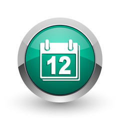 Aufkleber - Calendar silver metallic chrome web design green round internet icon with shadow on white background.