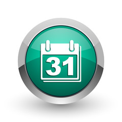 Aufkleber - Calendar silver metallic chrome web design green round internet icon with shadow on white background.