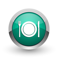 Aufkleber - Restaurant silver metallic chrome web design green round internet icon with shadow on white background.