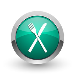 Aufkleber - Restaurant silver metallic chrome web design green round internet icon with shadow on white background.