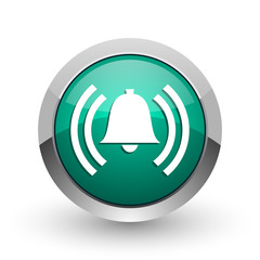 Fototapete - Alarm silver metallic chrome web design green round internet icon with shadow on white background.