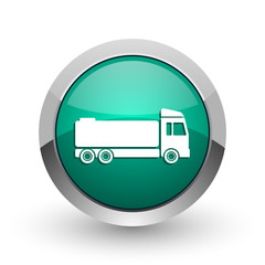 Poster - Truck silver metallic chrome web design green round internet icon with shadow on white background.