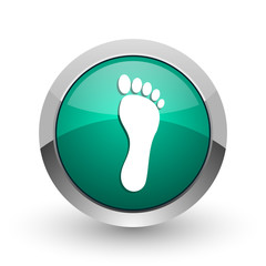 Poster - Foot silver metallic chrome web design green round internet icon with shadow on white background.