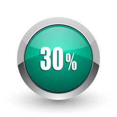 Poster - 30 percent silver metallic chrome web design green round internet icon with shadow on white background.