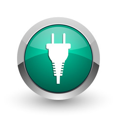 Poster - Plug silver metallic chrome web design green round internet icon with shadow on white background.