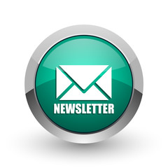 Aufkleber - Newsletter silver metallic chrome web design green round internet icon with shadow on white background.