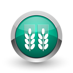 Aufkleber - Agricultural silver metallic chrome web design green round internet icon with shadow on white background.
