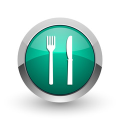 Aufkleber - Eat silver metallic chrome web design green round internet icon with shadow on white background.