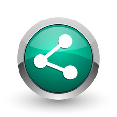 Aufkleber - Share silver metallic chrome web design green round internet icon with shadow on white background.