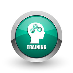 Aufkleber - Training silver metallic chrome web design green round internet icon with shadow on white background.
