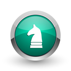 Aufkleber - Chess horse silver metallic chrome web design green round internet icon with shadow on white background.