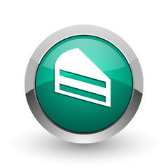 Poster - Cake silver metallic chrome web design green round internet icon with shadow on white background.