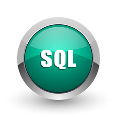 Fototapete - Sql silver metallic chrome web design green round internet icon with shadow on white background.

