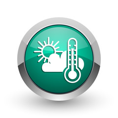 Poster - Weather forecast silver metallic chrome web design green round internet icon with shadow on white background.