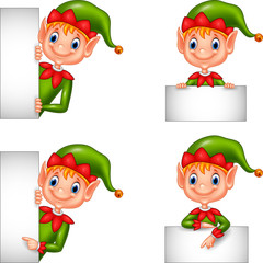 Set of cartoon elf with blank sign