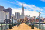 Fototapeta  - Downton San Francisco and and the Transamerica Pyramid from wooden Pier 7 on a foggy day