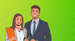 © mast3r - Young Business Man And Woman Over Pop Art Colorful Retro Style Background Vector Illustration