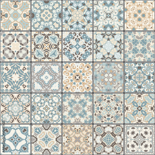 Naklejka dekoracyjna A collection of ceramic tiles in blue and beige colors. A set of square patterns in eastern style. Vector illustration.