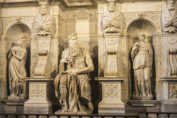Marble statue of Moses sculpted by Michelangelo in Rome, Italy