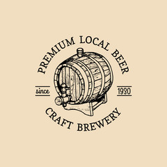 Wall Mural - Kraft beer barrel logo. Old brewery icon. Hand sketched keg illustration. Vector vintage lager, ale label or badge.