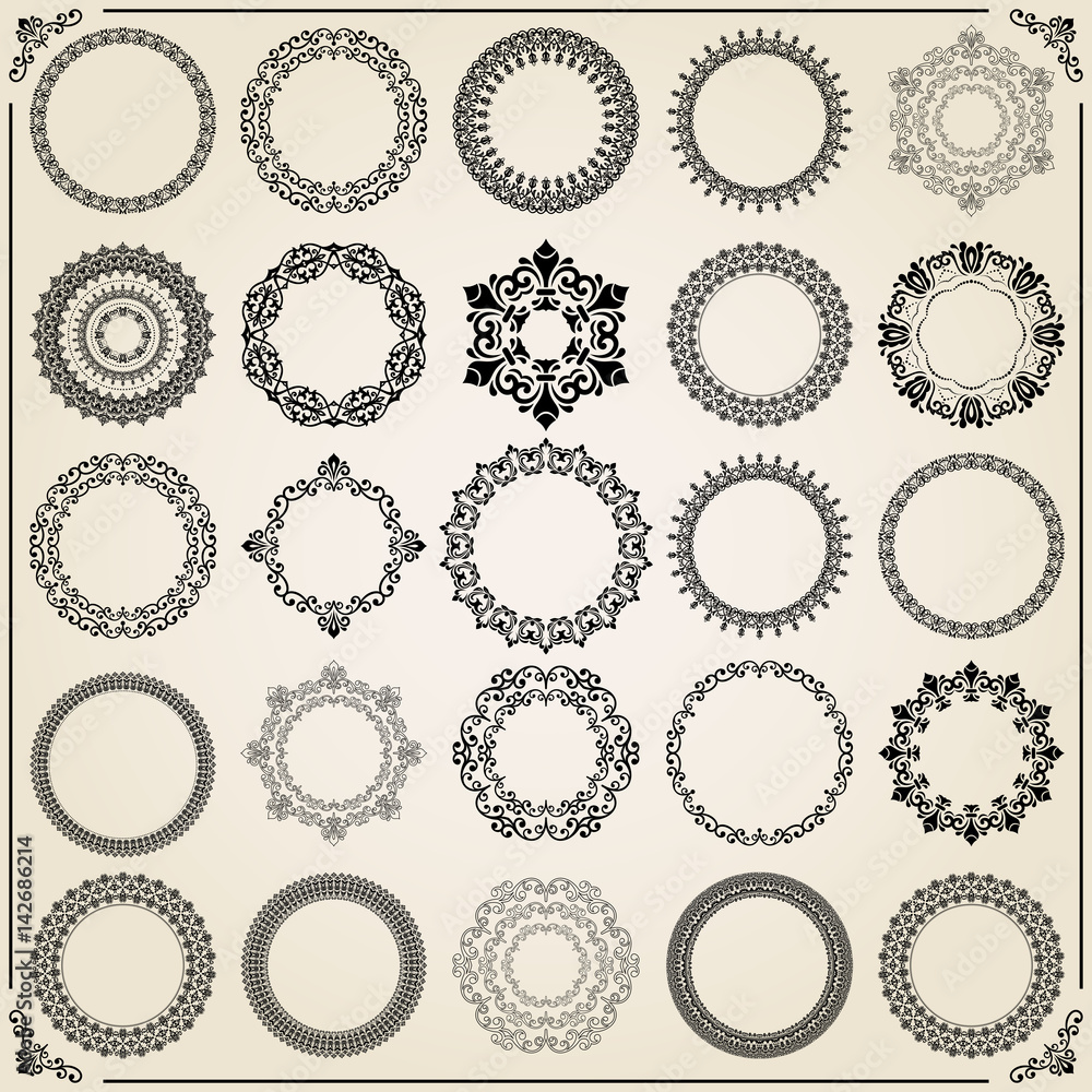 Vintage set of vector round elements. Different elements for decoration ...