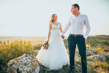 Wall Mural - Happy wedding couple are walking in the mountains