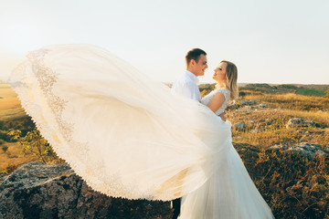 Wall Mural - stylish gorgeous couple newlyweds standing on the rocks in the mountains