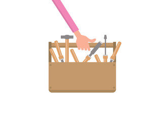 carpenter hand holding tool box flat vector illustration