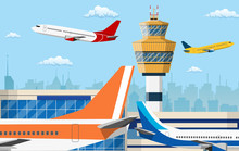 Airport Control Tower And Flying Civil Airplane