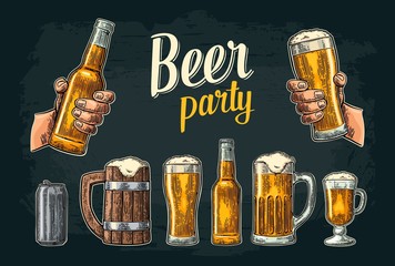 Wall Mural - Two hands holding beer glasses mug. Glass, can, bottle. Vintage vector engraving illustration for web, poster, invitation to beer party. Isolated on dark background