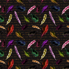Wall Mural - feathers, old handwritten text at black background. repeating pattern. watercolor