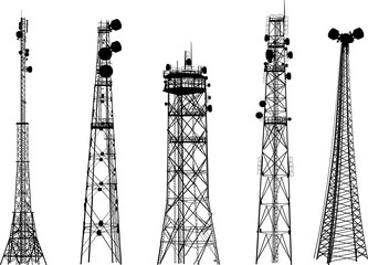 Wall Mural - group with five antenna tower silhouettes on white