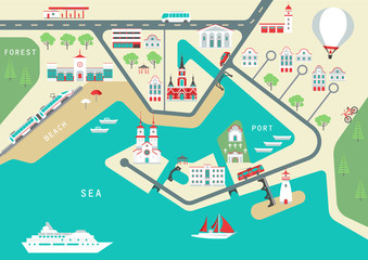 Vector scheme of nonexistent flat seaside town with various buildings, bridges, churches and transport. Template for tourist map of resort city.