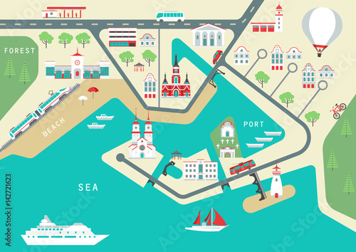 Obraz na płótnie Vector scheme of nonexistent flat seaside town with various buildings, bridges, churches and transport. Template for tourist map of resort city.