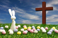 3D Illustration. A White Plastic Bunny Figurine Displayed With Speckled Easter Eggs And A Wooden Cross