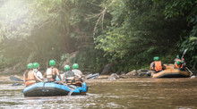 Group Of People White Water Rafting On The Rapids Of Mae Taeng River In Chiang Mai, Thailand