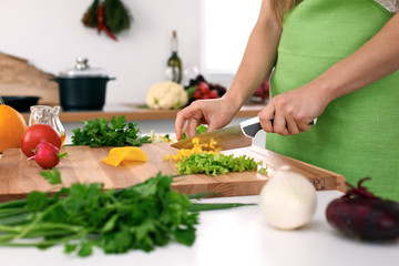 Wall Mural - Close up of  woman's hands cooking in the kitchen. Housewife slicing ​​fresh salad. Vegetarian and healthily cooking concept