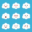 Flat design cartoon cute cloud character with different facial expressions, emotions. Set, collection of emoji on blue background.