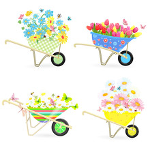 Gardening Collection Of Funny Wheelbarrows With Bouquets Of Flow