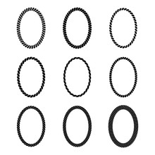 Vector set of monochrome black oval rope frame. Collection of thick and thin borders isolated on white background.